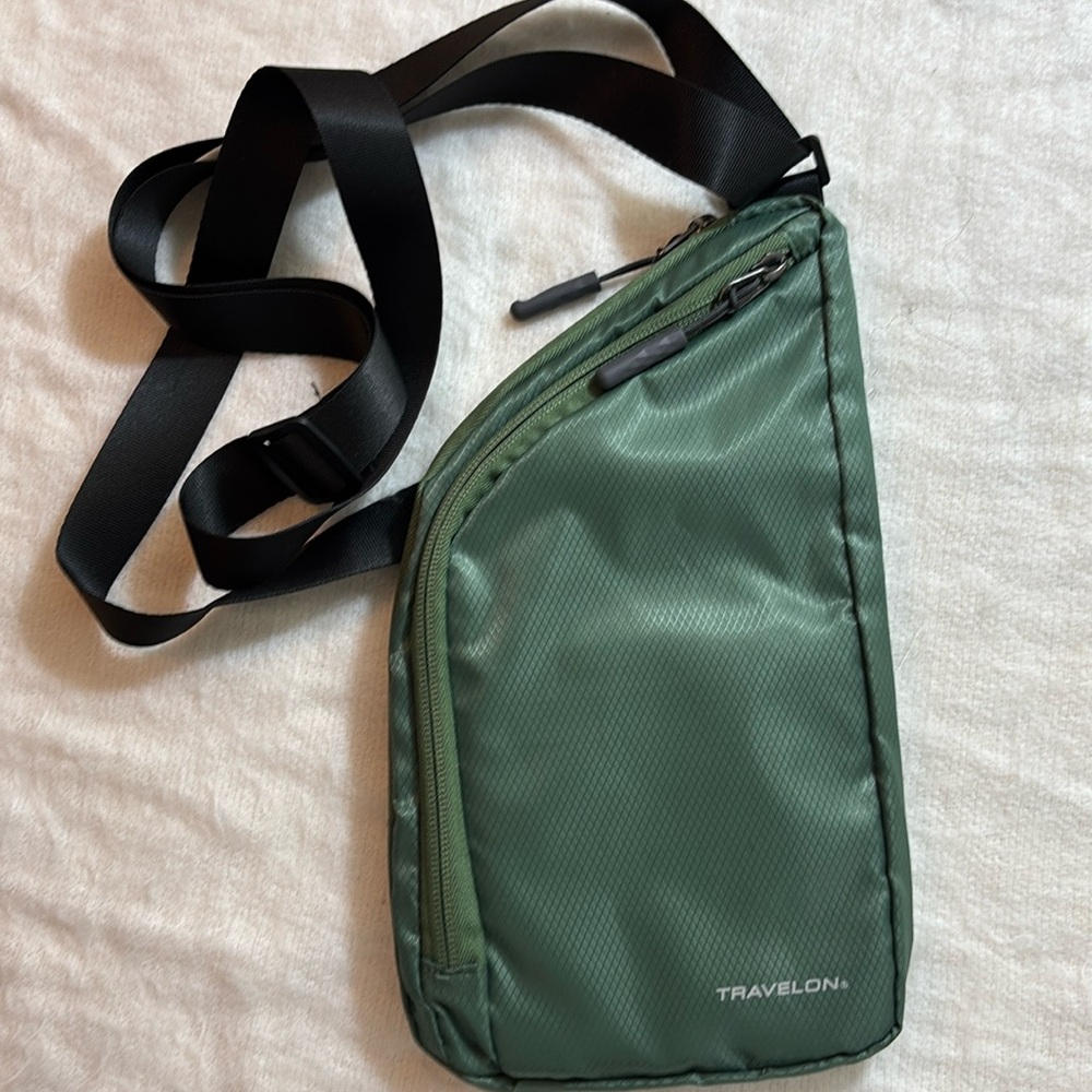 TRAVELON Crossbody Sling Bag Green Adjustable Strap 2-Zip Exterior Compartment